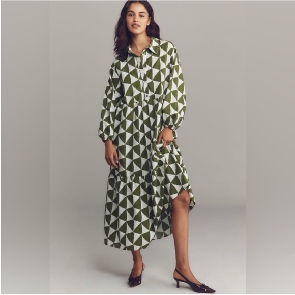 Anthropologie Maeve Bettina Tiered Shirt Dress Plus Size 1X Midi Green Pattern - Picture 2 of 13